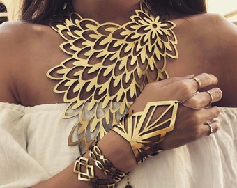 Peacock Gold Statement Necklace - Laser Cut Leather - Statement Jewellery - Costume Jewellery - Geometric - Fashion Jewellery - handmade