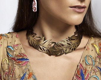 Feather Gold collar necklace - Fashion jewellery - Laser cut leather - statement necklace - Costume jewellery - Sydney handmade