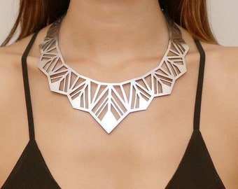 Chrysler Necklace - Fashion jewelry - Geometric necklace Silver statement necklace - Laser cut leather - Bridal jewelry - Statement necklace