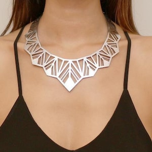 Chrysler Necklace - Fashion jewelry - Geometric necklace Silver statement necklace - Laser cut leather - Bridal jewelry - Statement necklace