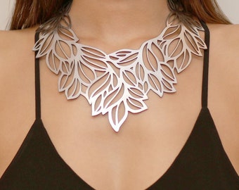 Oscar Silver statement necklace - Laser cut leather - Elegant bridal necklace - statement necklace - leaf necklace - fashion jewellery