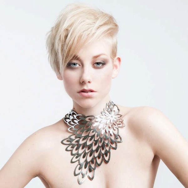 Peacock Silver Statement Necklace - Laser Cut Leather - Statement Jewellery - Costume Jewellery - Geometric - Fashion Jewellery - handmade