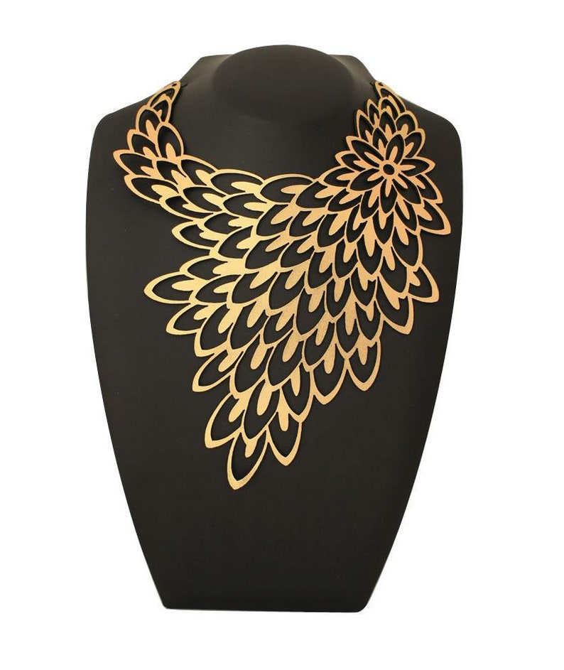 Peacock Gold Statement Necklace Laser Cut Leather Statement Jewellery Costume Jewellery Geometric Fashion Jewellery handmade image 4