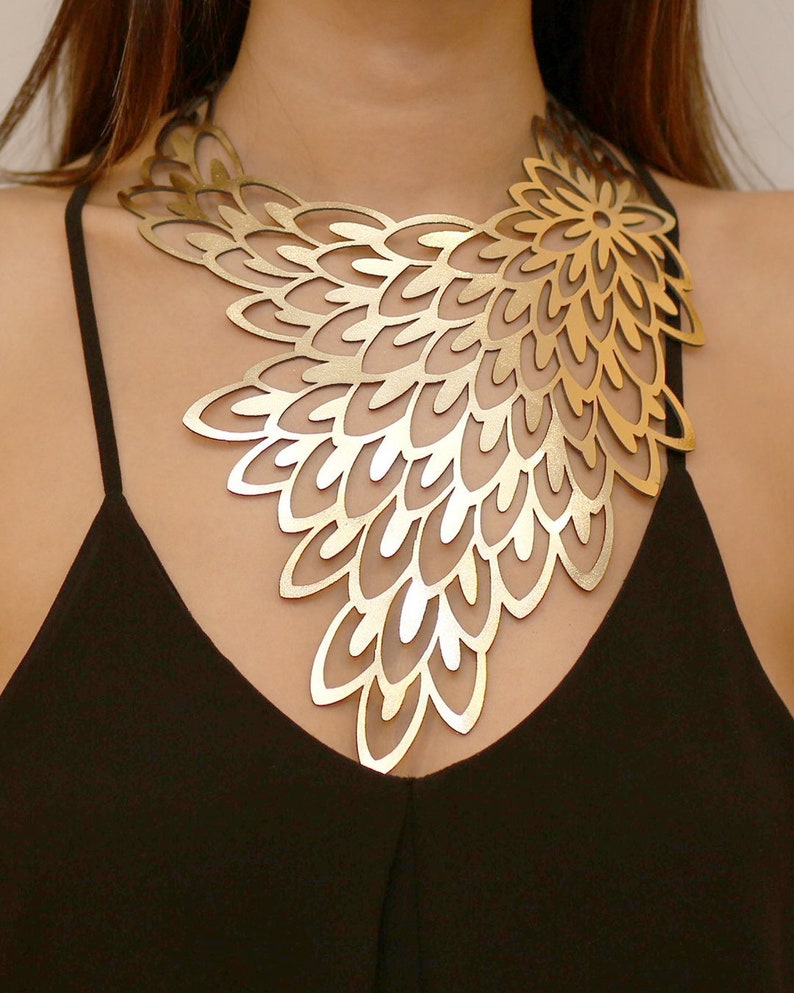 Peacock Gold Statement Necklace Laser Cut Leather Statement Jewellery Costume Jewellery Geometric Fashion Jewellery handmade image 2