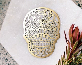 Leather Laser Cut Skull Artwork - Day of the Dead - Home Decor - Skull Art - Skull Print - Gold Sugar Skull - Gothic Art - Leatherwork