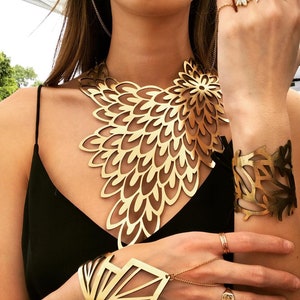 Peacock Gold Statement Necklace Laser Cut Leather Statement Jewellery Costume Jewellery Geometric Fashion Jewellery handmade image 5