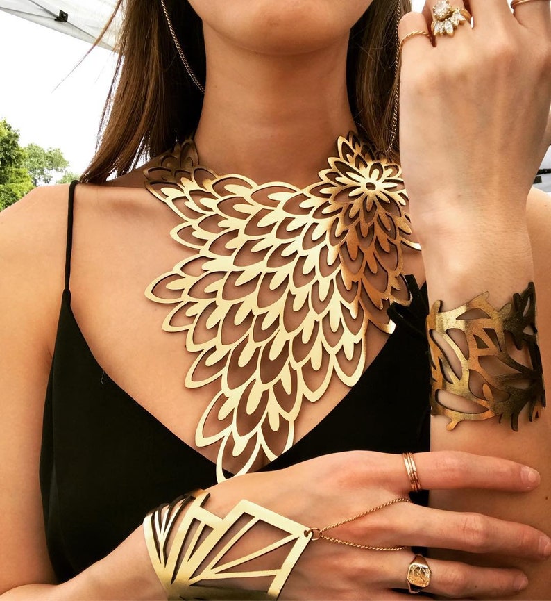 Peacock Gold Statement Necklace Laser Cut Leather Statement Jewellery Costume Jewellery Geometric Fashion Jewellery handmade image 5