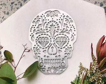 Diamond Eyes Sugar Skull Art - Leather Laser Cut Skull Artwork - Day of the Dead - Home Decor - Skull Art - Skull Print - Silver Sugar Skull