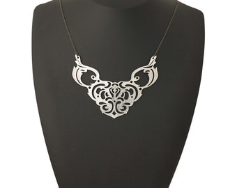 Fashion designer necklace - Tigerlily Silver Necklace - Laser cut leather with a silver foil finish