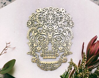 Floral Sugar Skull Art - Leather Laser Cut Skull Artwork - Day of the Dead - Home Decor - Skull Art - Skull Print - Floral Art - Gothic Art