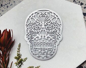 Day of the Dead Skull Art - Leather Laser Cut Artwork - Home Decor - Skull Print - Silver Sugar Skull - Gothic Art - Leatherwork - Lasercut