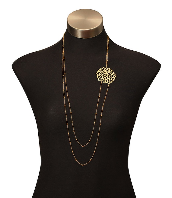Long Simple Necklace Double Daisy Chain Gold Flower Necklace