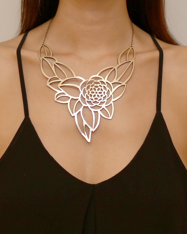 Camellia Gold Statement Necklace Laser Cut Leather Elegant Etsy