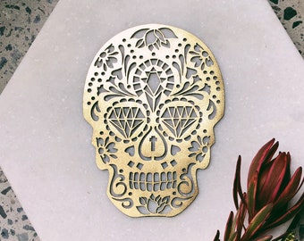 Sugar Skull Art - Leather Laser Cut Skull Artwork - Day of the Dead - Home Decor - Skull Art - Skull Print - Gold Sugar Skull - Gothic Art