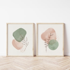 Set of 2 Sage Green Botanical Printable Wall Art, Boho Living Room Decor, Minimalist Sage Green and Blush Color Prints, Abstract Posters