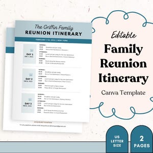 Op de afbeelding: Een lichtblauwe sjabloon voor een familiereünie-route met de tekst "The Griffin Family Reunion Itinerary" en de data 7-9 februari 2025. De sjabloon bevat een schema voor elke dag, met tijden en activiteiten. De tekst "Editable Family Reunion Itinerary Canva Template" is ook zichtbaar.