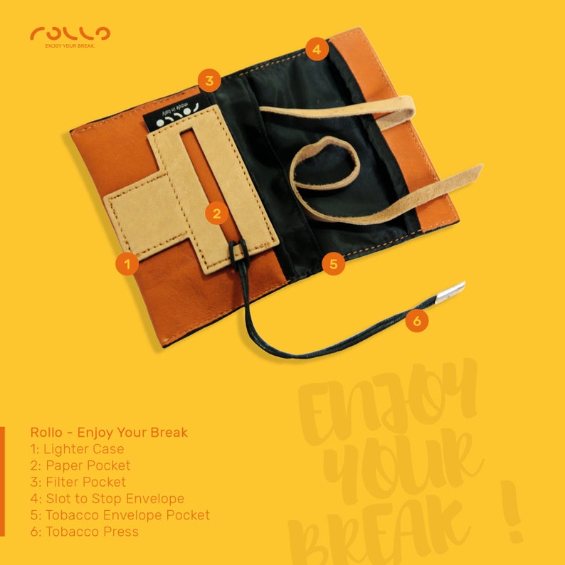 May include: Open tobacco pouch with multiple pockets and a tobacco press. The pouch is made of brown leather with black accents. The pouch is labeled "Rollo - Enjoy Your Break".