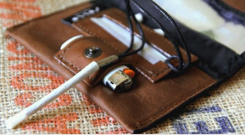 Tobacco Pouch leather, designed for the hand rolling for filter, rolling papers and tobacco. Customizable closure, button or lace. image 2