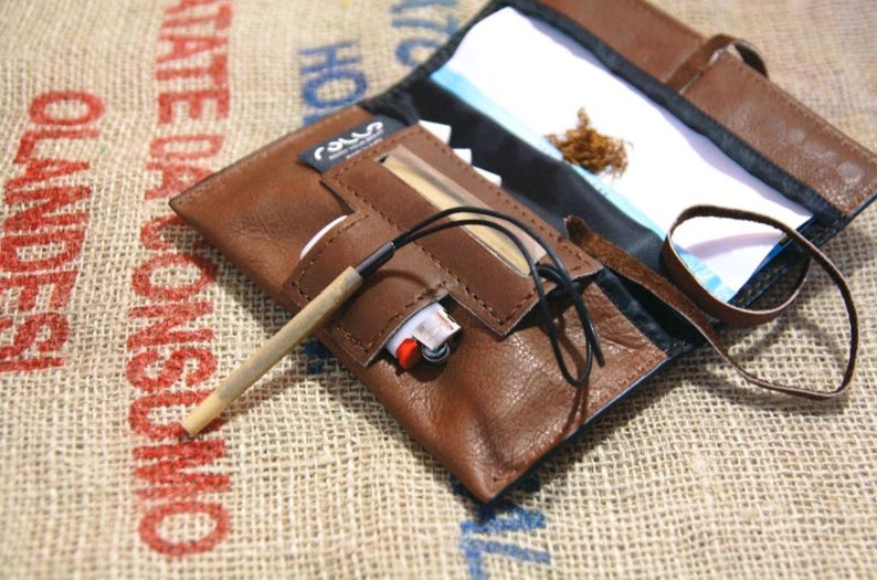 Tobacco Pouch leather, designed for the hand rolling for filter, rolling papers and tobacco. Customizable closure, button or lace. image 1