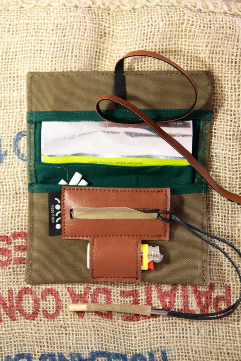 Tobacco Pouch in Canvas and Vegan leather made in italy, vintage soft bag image 3