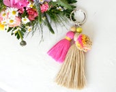 Boho Pom Pom Keychain, Pink Summer Bag Accessories, Pink Pom Pom Charm, Pink and Ivory Tassel Charm, Colorful Tassel Bag, Tricolor Pom Pom