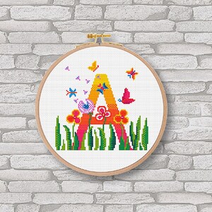Letra A, alfabeto, punto de cruz, niños, punto de cruz fácil, flores de primavera, punto de cruz moderno, flores silvestres, punto de cruz contado, descargar