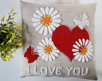 Punch needle embroidery pattern pdf, decorative pillow cover floral, I love you, pillow cushion cover embroidery, gifts, decoration