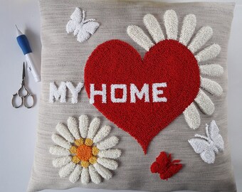 Cushion cover, punch needle embroidery pdf file pattern, decorative pillow cushion floral, My home, heart, gifts, decoration