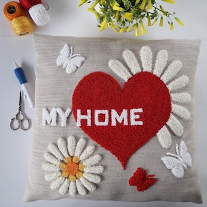 Cushion cover, punch needle embroidery pdf file pattern, decorative pillow cushion floral, My home, heart, gifts, decoration