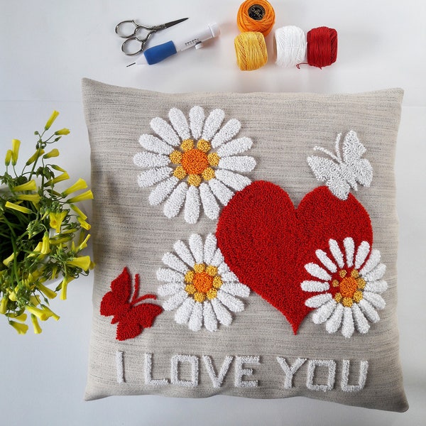 Motif broderie aiguille de poinçon pdf, housse coussin décorative floral, I love you, broderie housse coussin oreiller, décoration, cadeaux