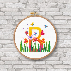 Letter B, alfabetkruissteek, kinderen, eenvoudige kruissteek, lentebloemen, moderne steek, wilde bloemen, getelde steek, pdf-verjaardagsteek