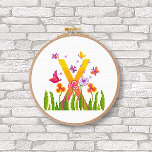 Letter X, alfabetkruissteek, kinderen, eenvoudige kruissteek, lentebloemen, moderne steek, wilde bloemen, getelde steek, pdf-verjaardagsteek