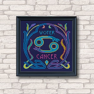 Cancer pdf modern stitch horoscope pattern, zodiac sign embroidery,art nouveau,dark blue cross stitch, gift unique family, download template