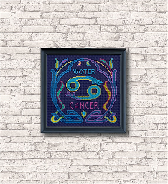 Cancer pdf modern stitch horoscope pattern, zodiac sign embroidery,art nouveau,dark blue cross stitch, gift unique family, download template