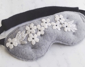 Sleep Mask-Cashmere and Silk-Flowers, Beads Heather Grey