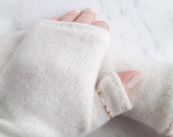 Gloves-Cashmere Fingerless-Washable! - Ivory, Glass Beads