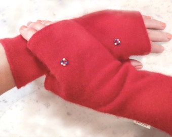 Gloves-Cashmere Fingerless-Washable! - Red, Glass Beads