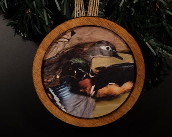 WOOD DUCK Ornament: 3" wood photo art ornament /Unique nature gift for animal lover or bird watcher’s xmas tree. Gift Boxed, FREE Shipping