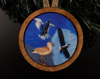 SEAGULL Ornament: 3" wood photo art ornament /Unique nature gift for animal lover or bird watcher’s xmas tree. Gift Boxed, FREE Shipping