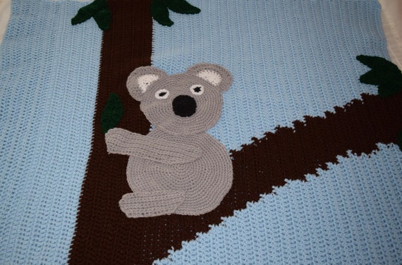 Koala In A Tree Blanket Crochet Blue Brown Gray And Forest Etsy