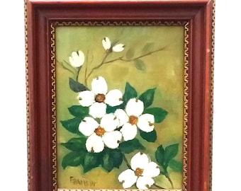 Small Vintage White & Green Floral Oil Painting: Signed, Wood Frame, 5 x 6 inches