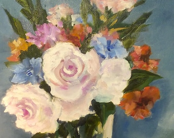 Signed Floral Oil Painting: Moody Blues & Pink Roses 12" x 16"