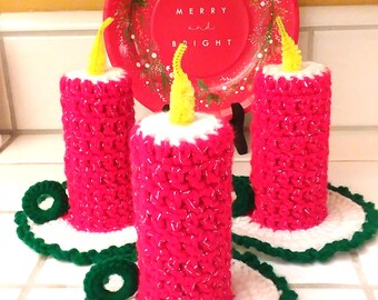 Vintage Crochet Christmas Candles: Set of 3 Handmade Kitschy Red Candles