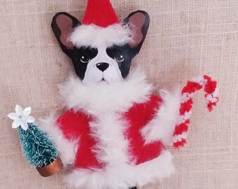 Felt Chenille Dog Christmas Ornament, Frenchie Bulldog Santa