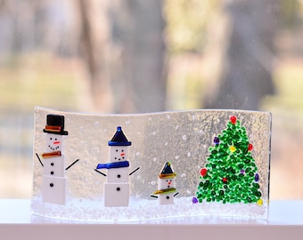 Snowman Family Christmas Tree Fused Glass Shelf/Window sill/Votive Artwork, Christmas Winter Holiday decoration, Handmade Glass Art