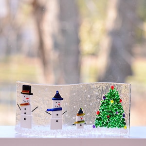 Snowman Family Christmas Tree Fused Glass Shelf/Window sill/Votive Artwork, Christmas Winter Holiday decoration, Handmade Glass Art