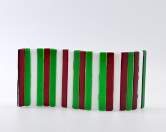 Red Green and White Striped Fused Glass Shelf/Window sill/Votive Artwork, Christmas Winter Holiday decoration, Handmade Glass Art