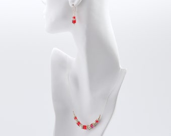 Ruby Red Swarovski Crystal Squaredelle Necklace earrings set July birthstone silver or gold 18 inch length Birthday gift