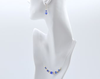 Sapphire Blue Swarovski Crystal Squaredelle Necklace earrings set September birthstone silver or gold 18 inch length Birthday gift