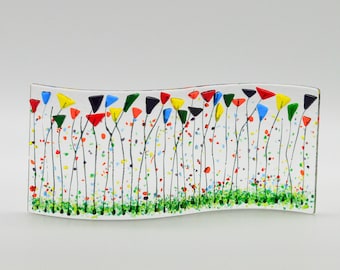 Fused Glass Rainbow Flower Panel, Handmade Shelf Art